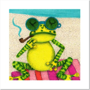 Fancy Frog With a Pipe At The Beach Posters and Art
